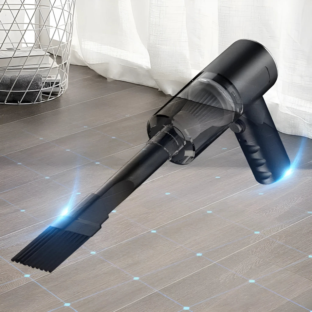 Black handheld portable wireless car vacuum cleaner with USB charging port