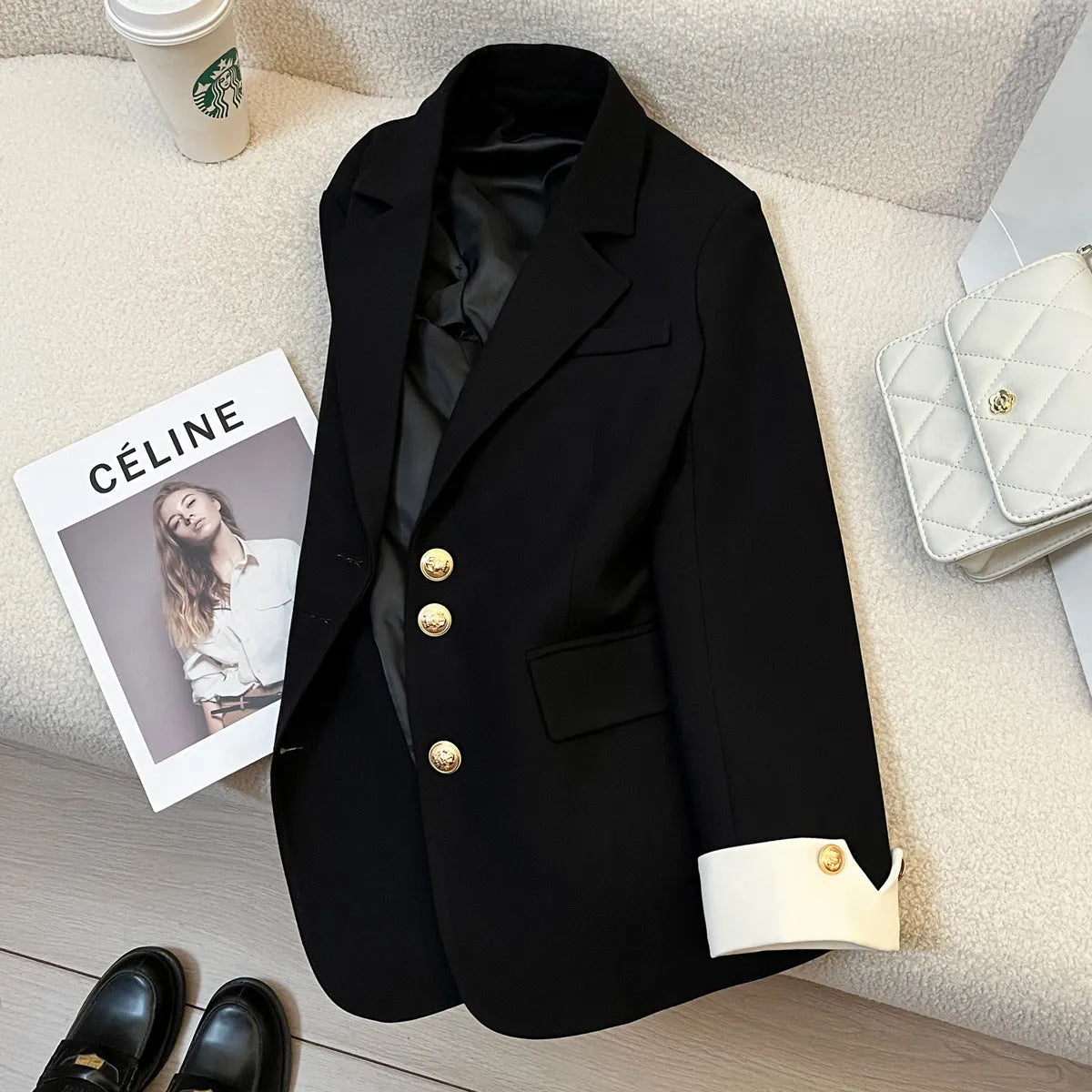 Women's Korean style loose fit polyester coat in milky white with pockets