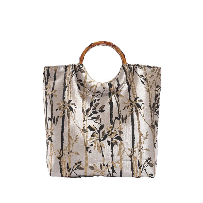 Beige canvas handbag with traditional ink bamboo print, square vertical shape, 26cm by 8cm by 28cm