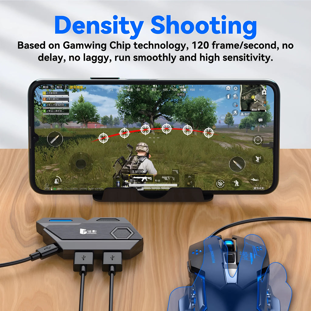 Black gaming converter with USB port for connecting keyboard and mouse to mobile games