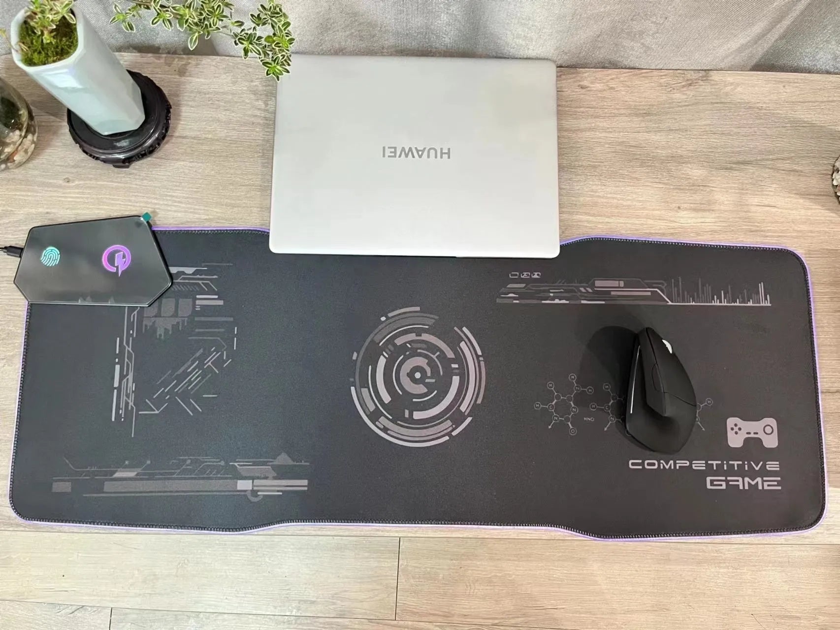Black mech-style gaming mouse mat with water-repellent surface and TYPC interface connector