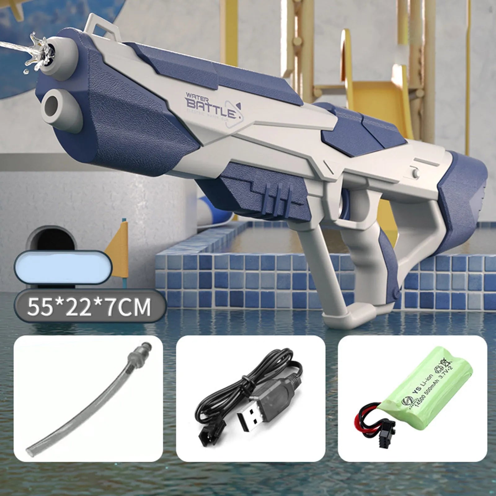 Blue electric water gun with USB charging cable and 358ml water capacity for outdoor play