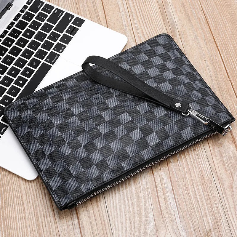 Men's soft PU leather clutch wallet with checkered pattern showing card slots and zipper pocket