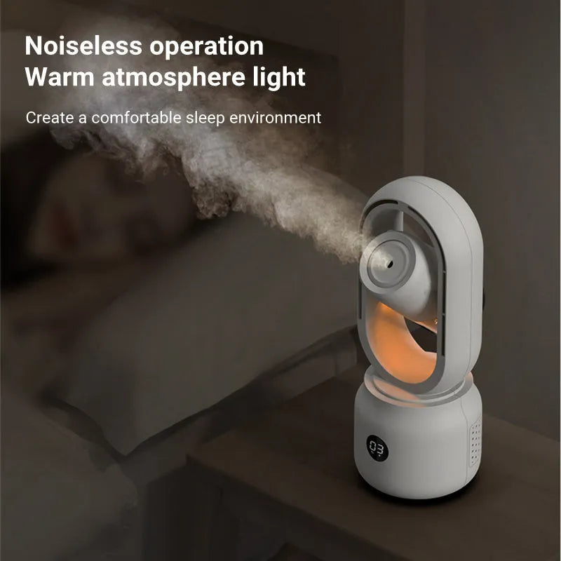 White bladeless table fan with water tank and USB port on a wooden desk.