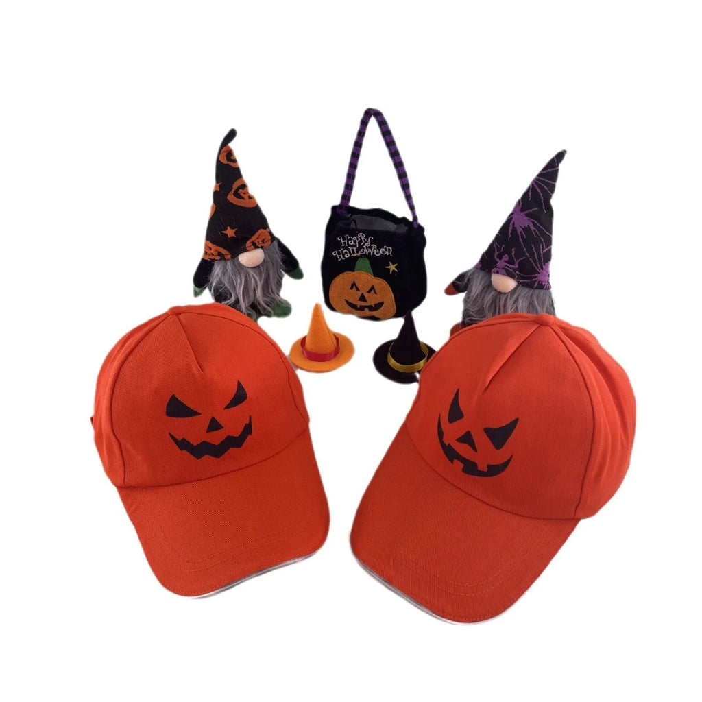 Halloween LED baseball cap showing integrated lighting effects in various pumpkin and solid colour designs