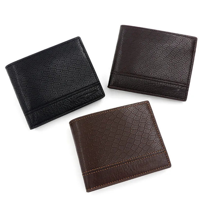Men's PU leather embossed snake pattern wallet in earth brown with multiple card slots and coin pocket