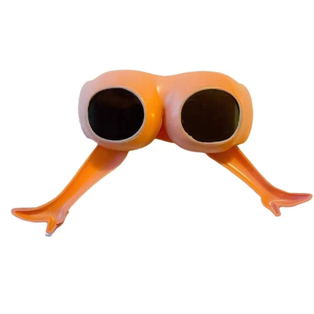 Orange plastic novelty sunglasses with leg hip style arms and a large wide frame.