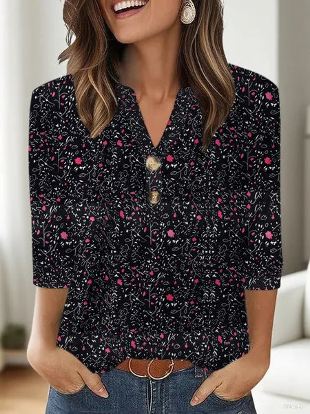 Women's loose-fit casual V-neck top with a 3D printed pattern in Japanese Korean style.