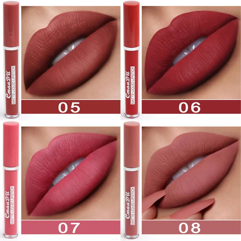 10-pack women's matte lipstick set in waterproof non-stick formula with packaging showing dimensions