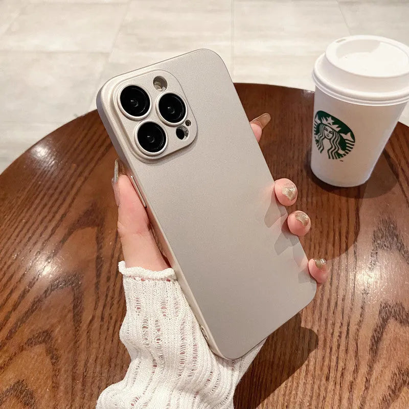 Ultra-thin frosted PC phone case in grey for iPhone showing all-inclusive lens protection