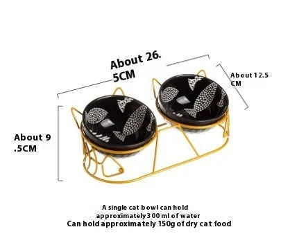 Ceramic double cat bowl set with fixed tilted stand, 26.5 x 12.5cm, 300ml bowls in white with gold cat ear stand