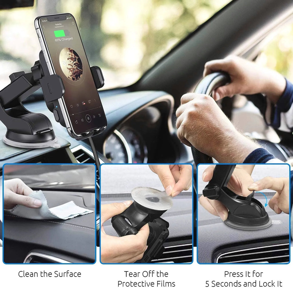 Black bare metal 15W fast wireless car charging stand on a dashboard with air vent clip.