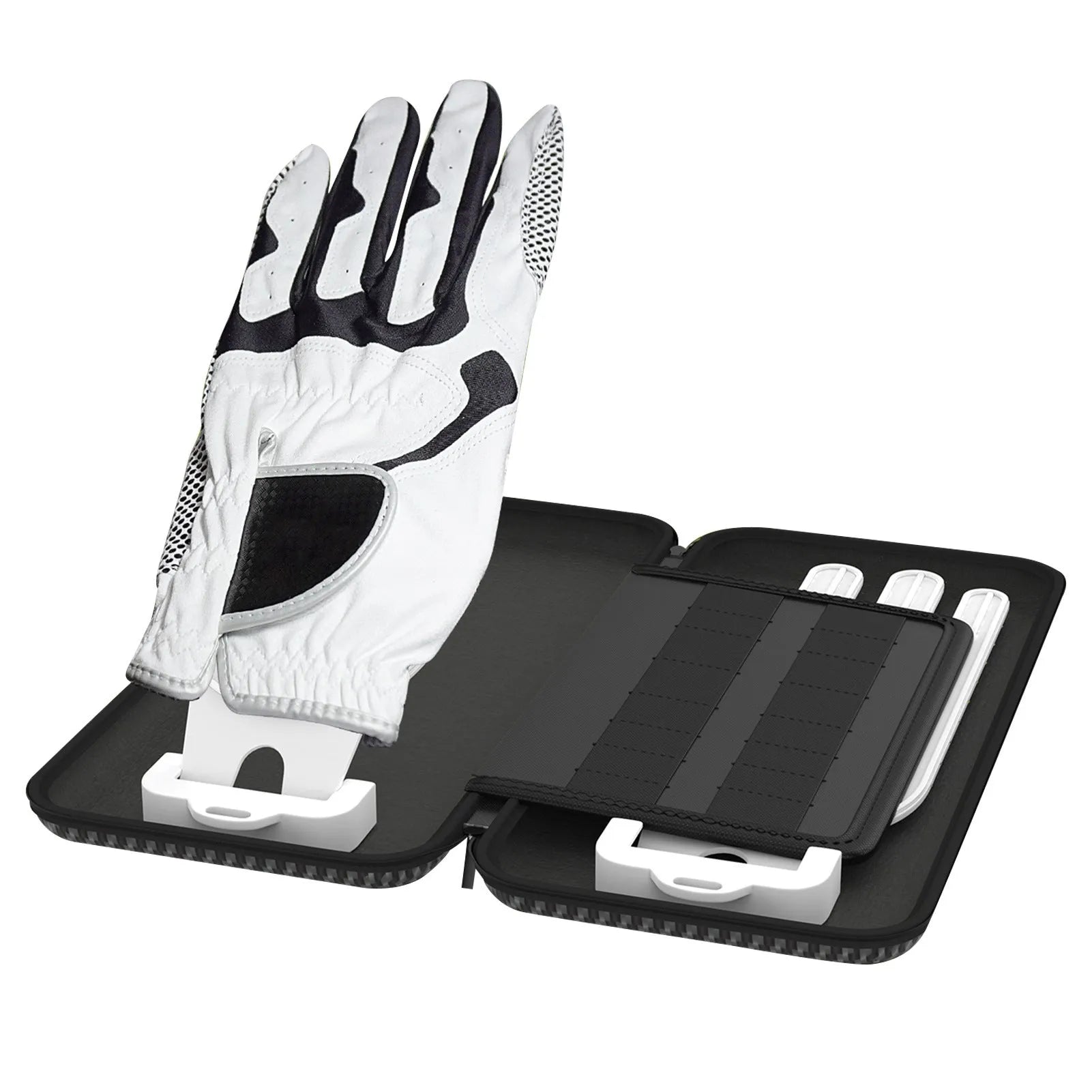 Silver grey golf glove storage bag with two metal support brackets