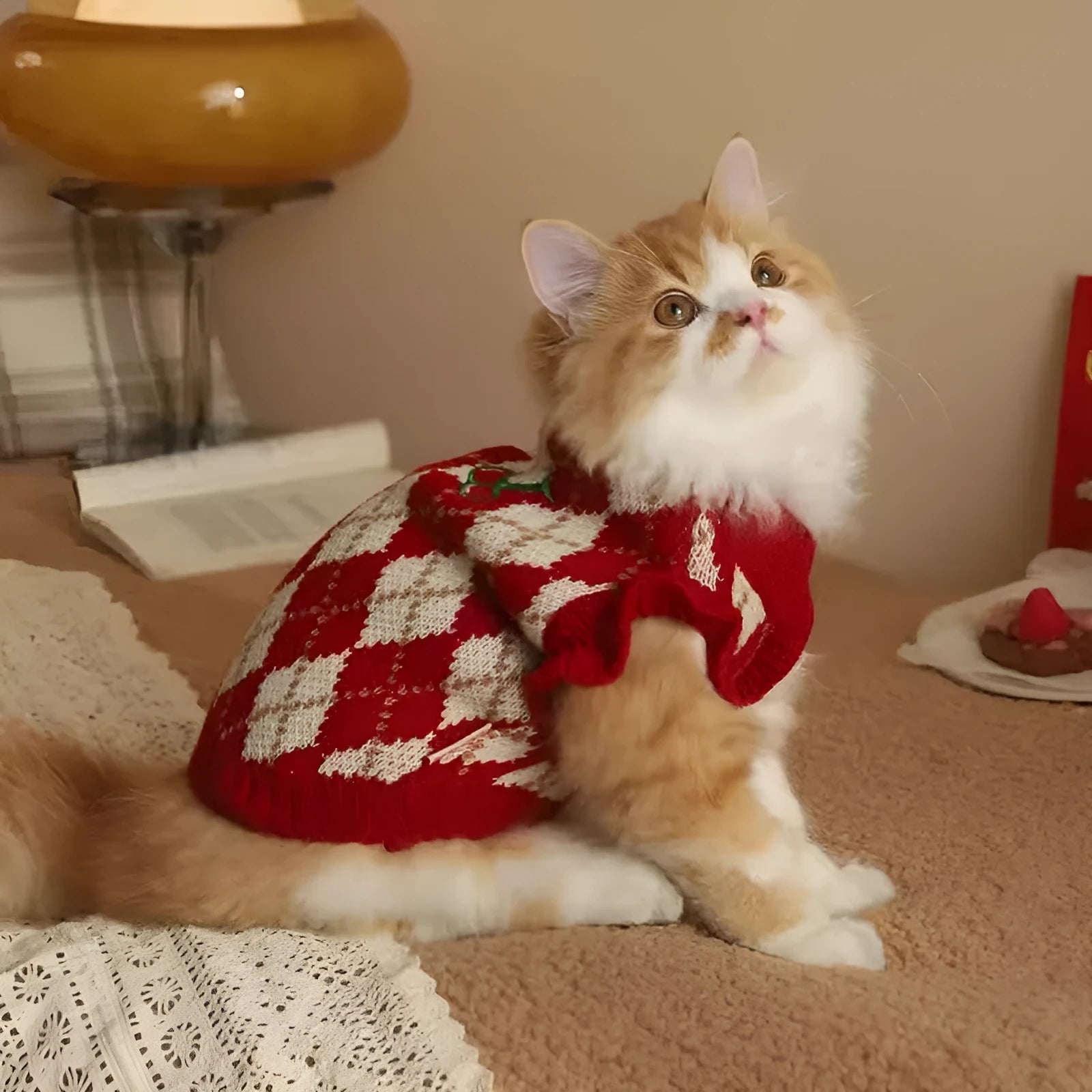 Red cat sweater with cherry and diamond embroidery pattern for autumn and winter wear