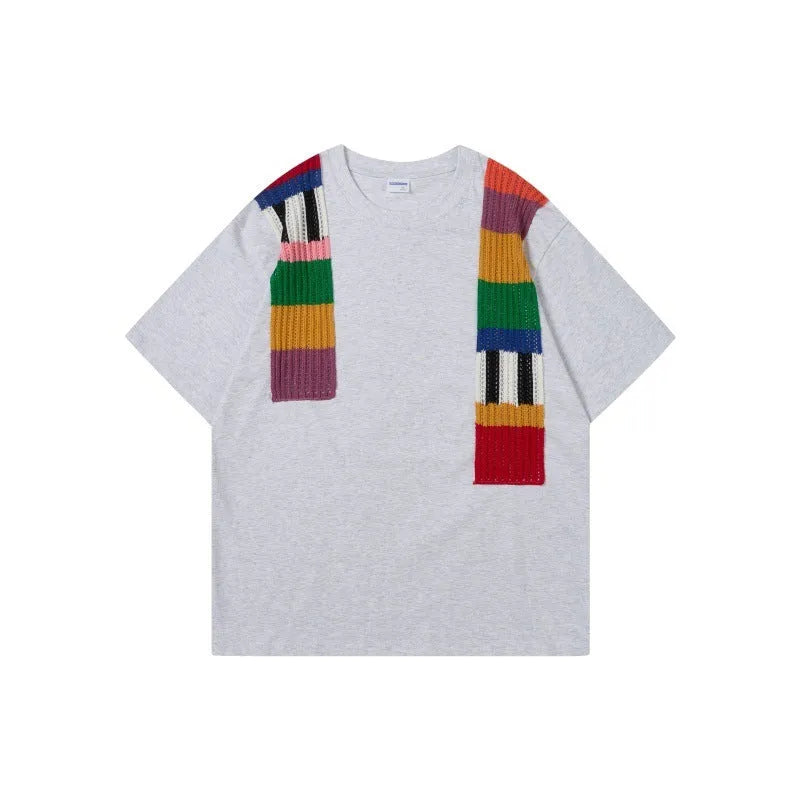 Cotton colour contrast patchwork round neck loose short sleeve pullover top with letter pattern in three colours