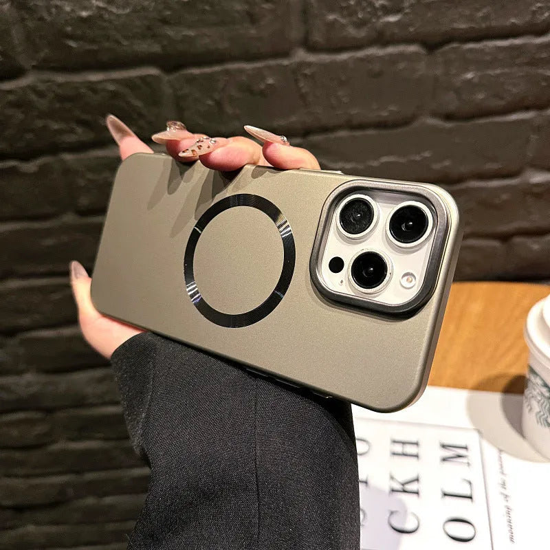 PC hard magnetic phone case with bracket in desert gold for iPhone 15