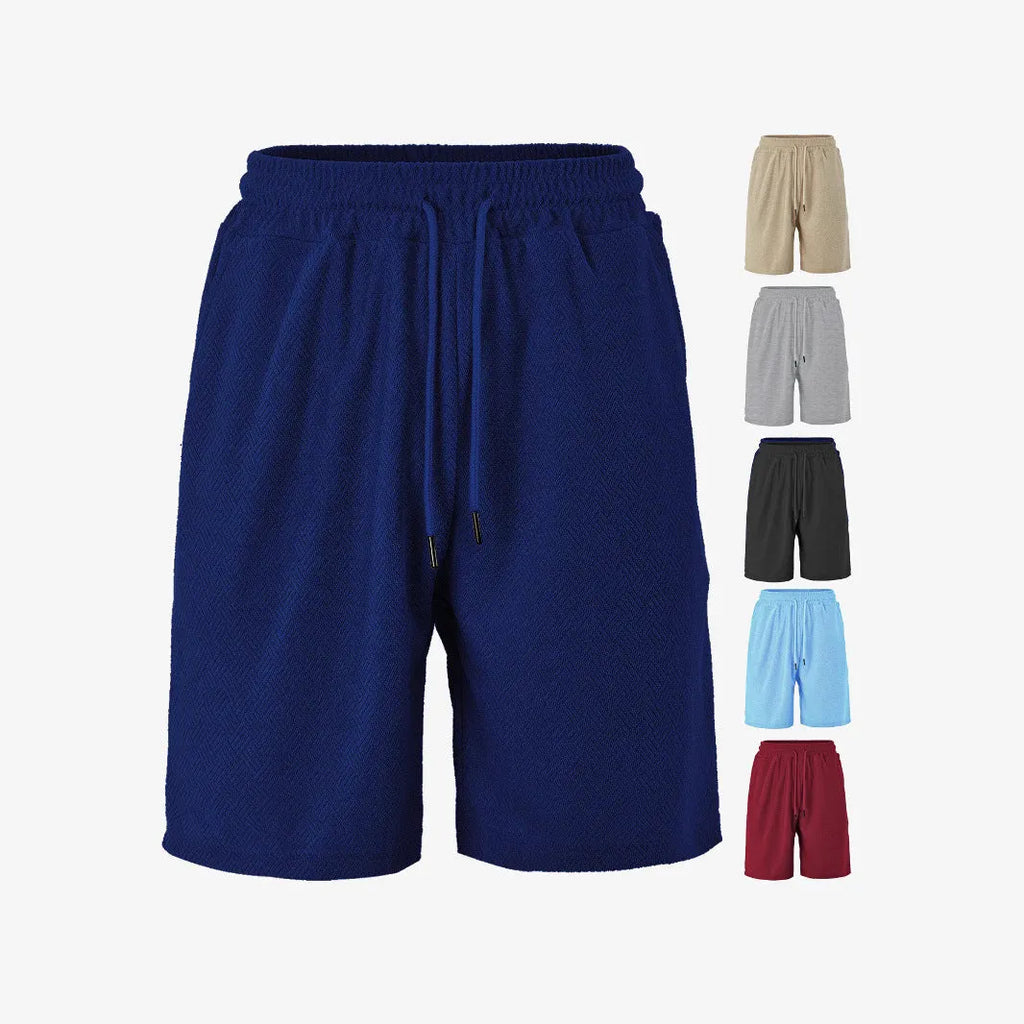 Men's loose fit towel jacquard casual shorts in navy blue, front view