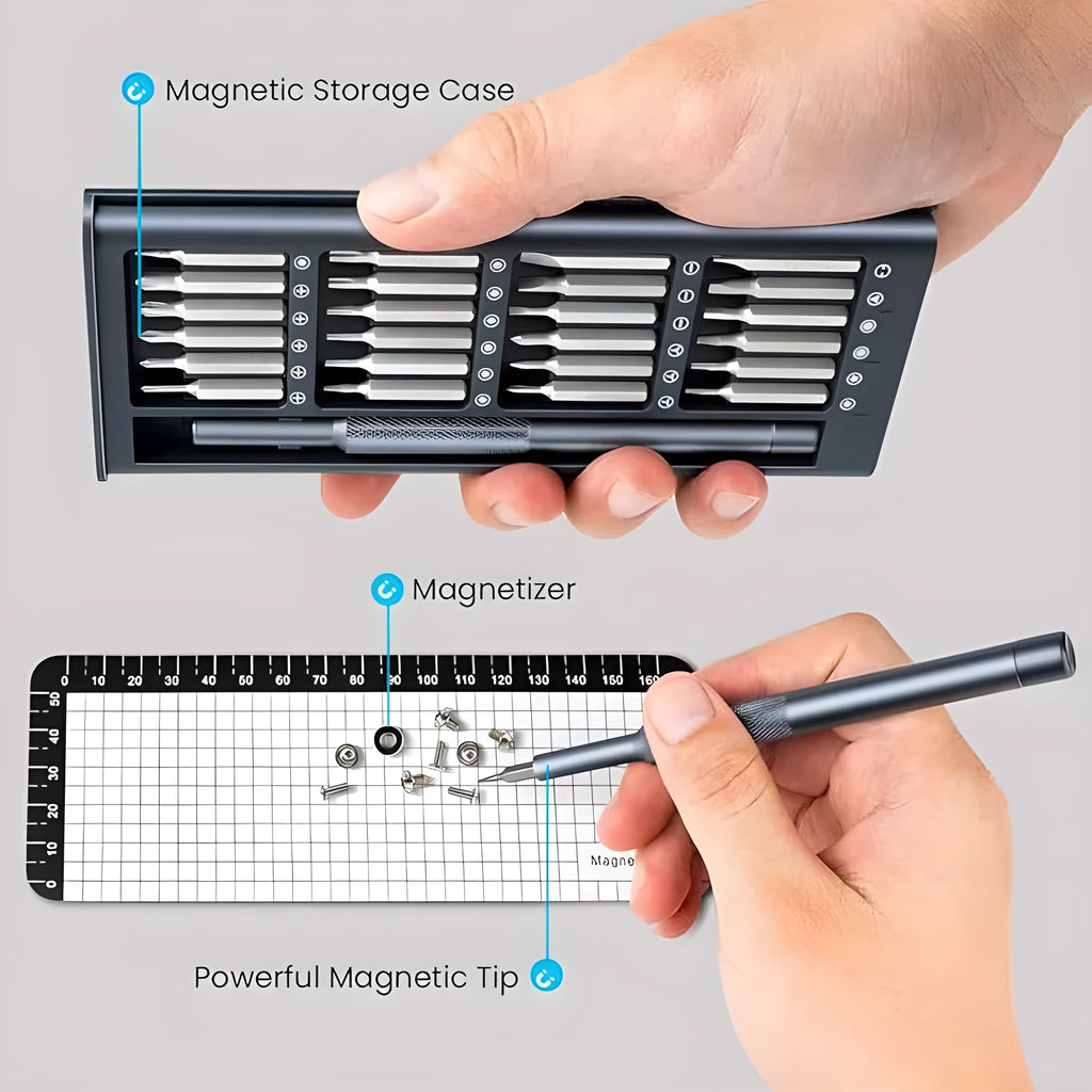 25-in-one screwdriver set with chrome vanadium steel magnetic bits and ABS handle on grey background