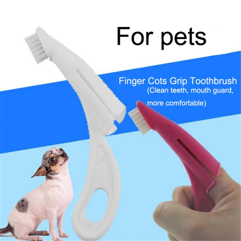 Red and white finger sleeve pet toothbrush with silicone bristles for cleaning dog and cat teeth.