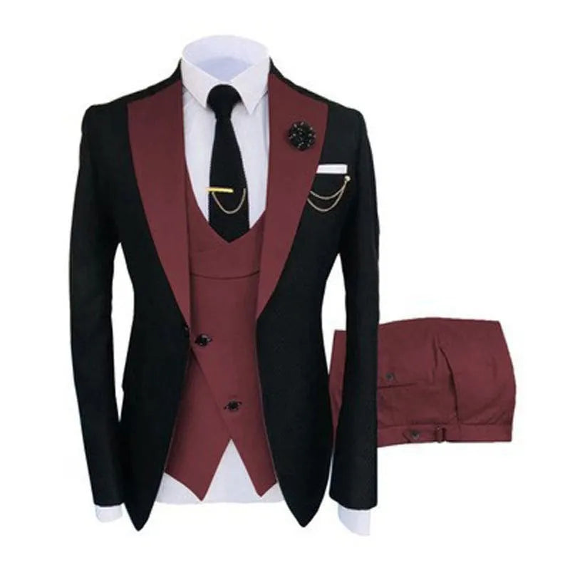 Men's slim fit three-piece suit in a light business style with coat, vest, and trousers