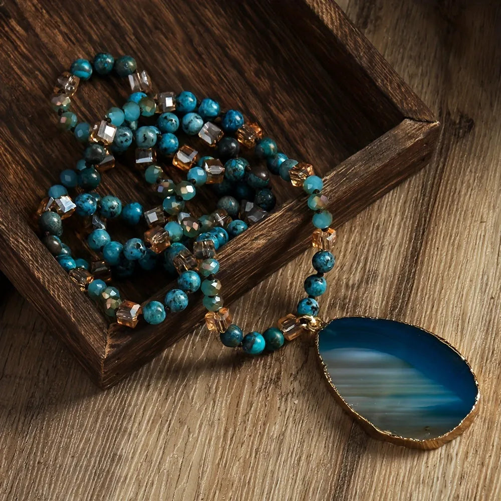 Bohemian natural stone agate water drop pendant necklace with glass beads, available in multiple colours