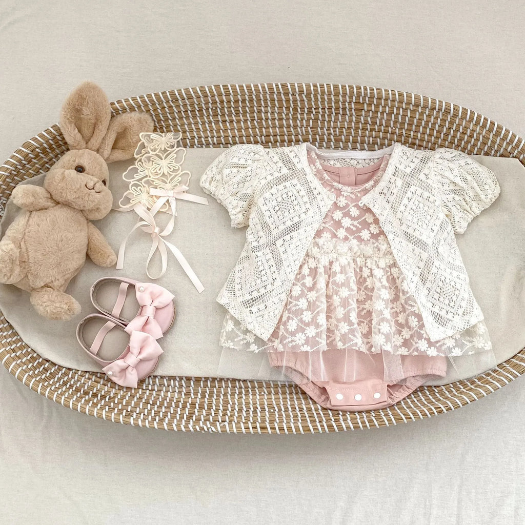 Baby girl mesh jumpsuit full moon romper in matte pink, short sleeves, cotton blend triangle style