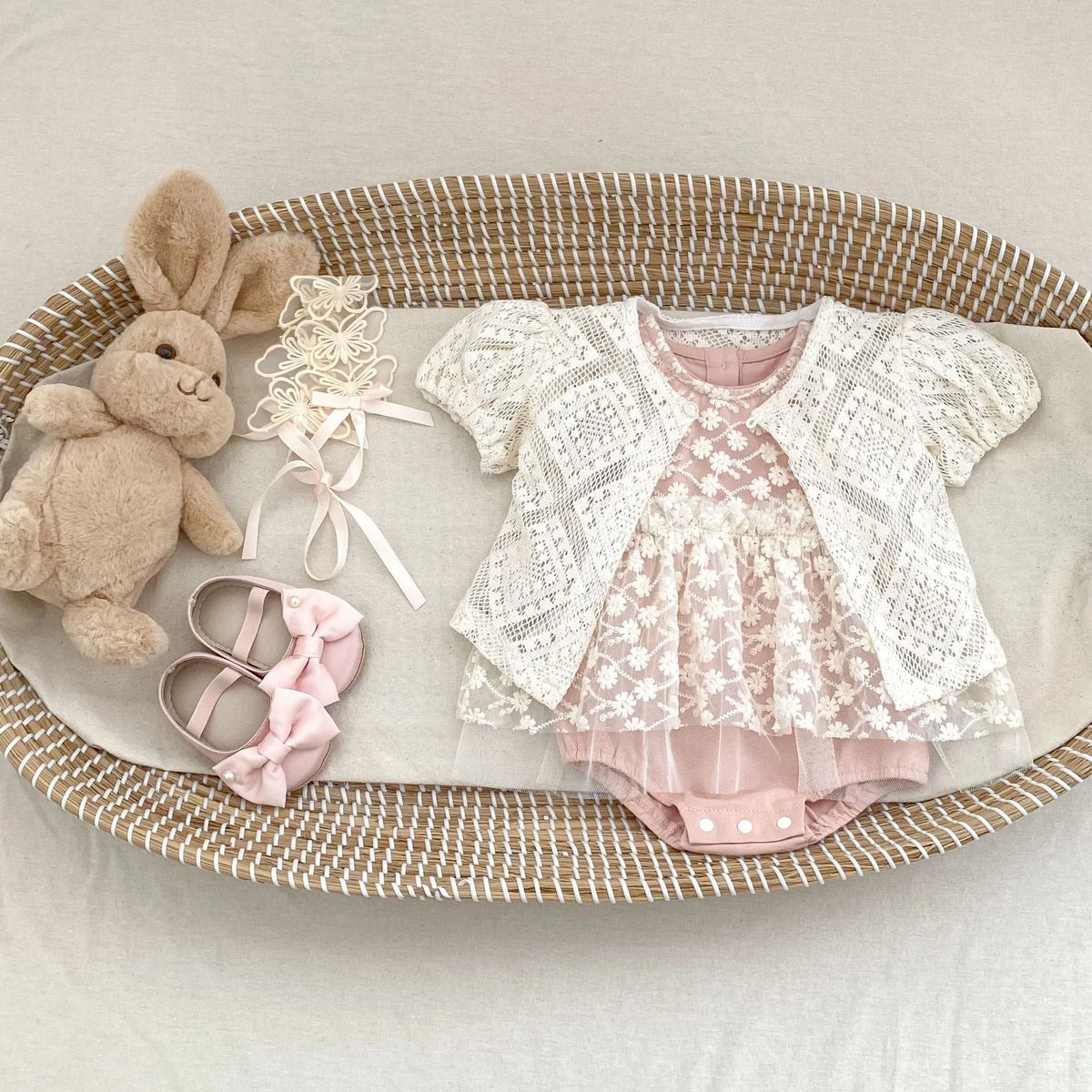 Baby girl mesh jumpsuit full moon romper in matte pink, short sleeves, cotton blend triangle style