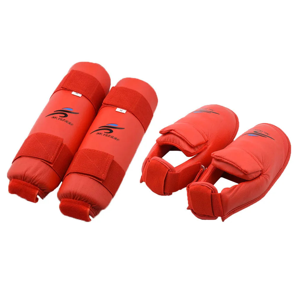 Red and blue karate taekwondo protective gear set with leg guards, boxing gloves, and helmet