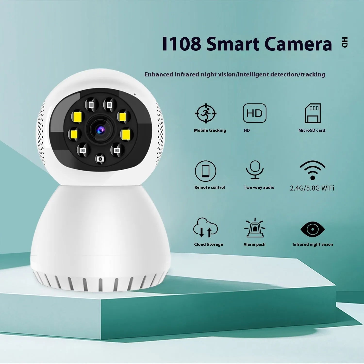 Wireless security camera with ABS housing measuring 11cm by 12.5cm by 12cm