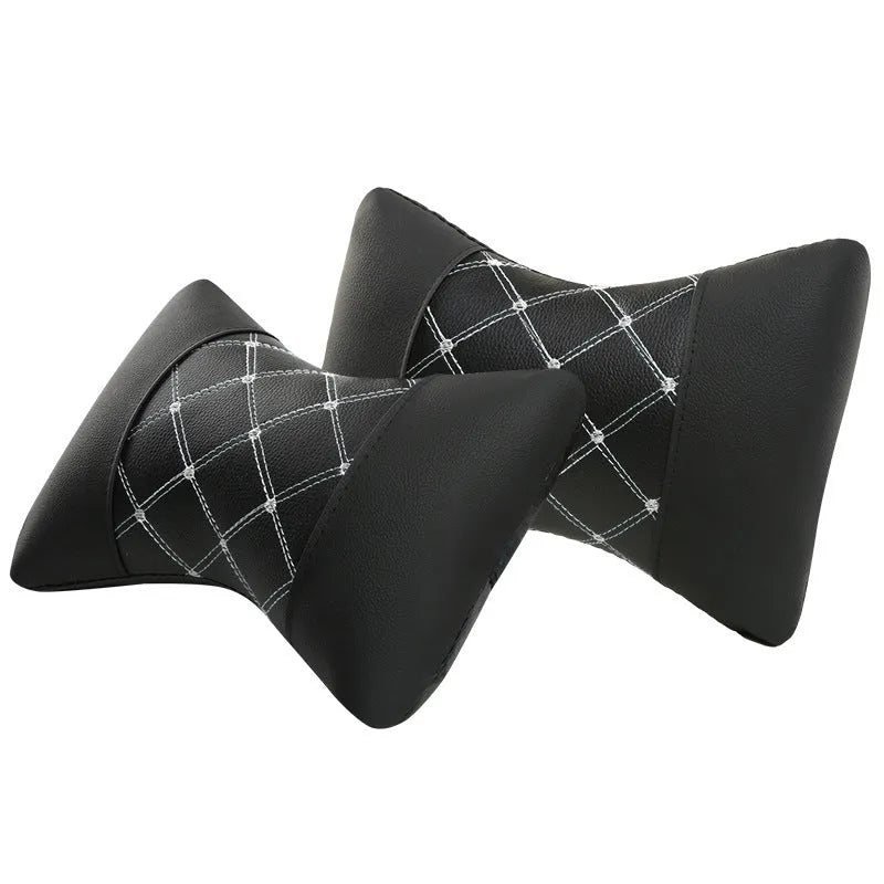 Black leather quilted car headrest pillow with diamond check pattern for cervical neck support