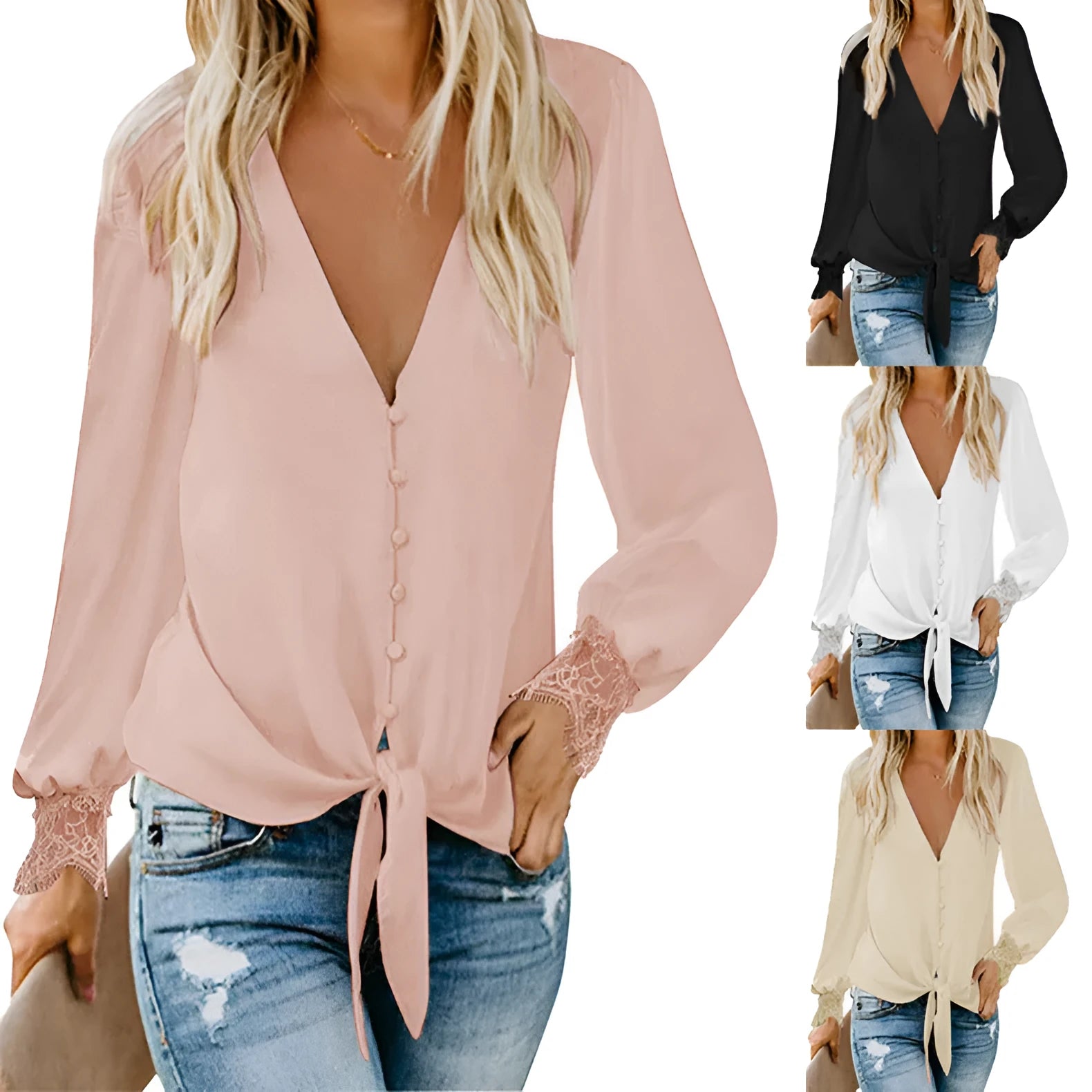 Women's apricot V-neck loose top with long sleeves and a lace-up detail on the hem.