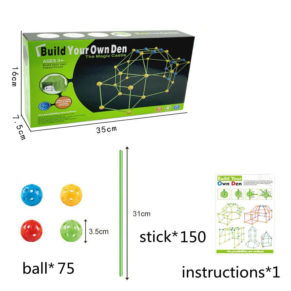 Luminous plastic fort building kit for kids with glowing sticks, balls, and fabric tent