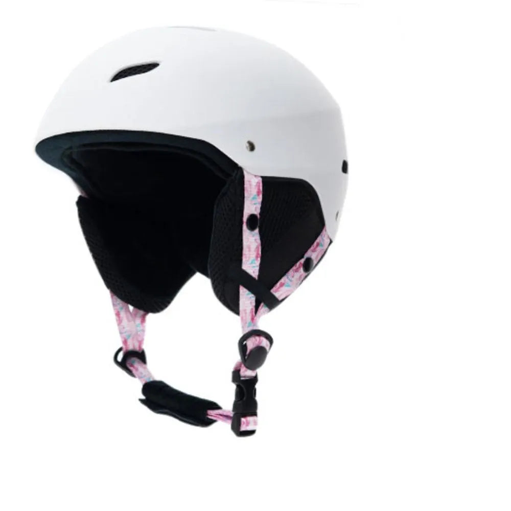 Men's protective ski helmet with ABS shell and EPS liner shown in blue and white heart design.