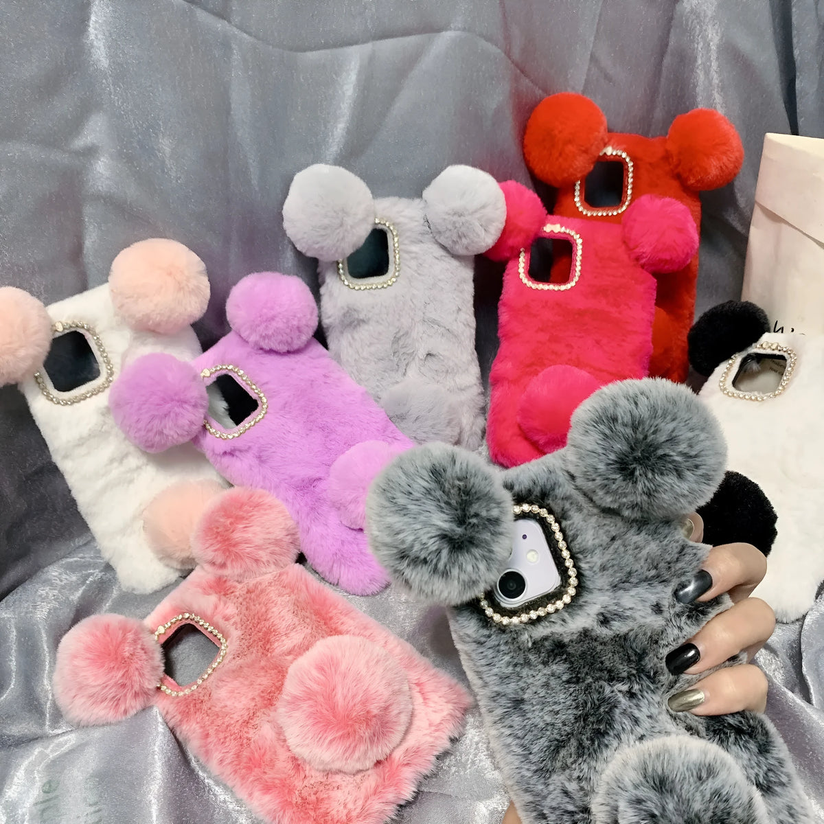 Cute plush panda hand warmer thermal shell case for iPhone 15