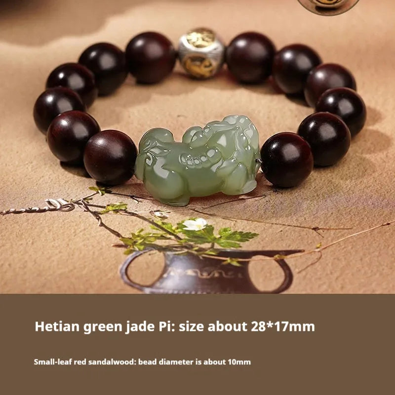 Traditional Chinese Hetian jade bracelet with black and red braided ropes and jade beads on elastic cord