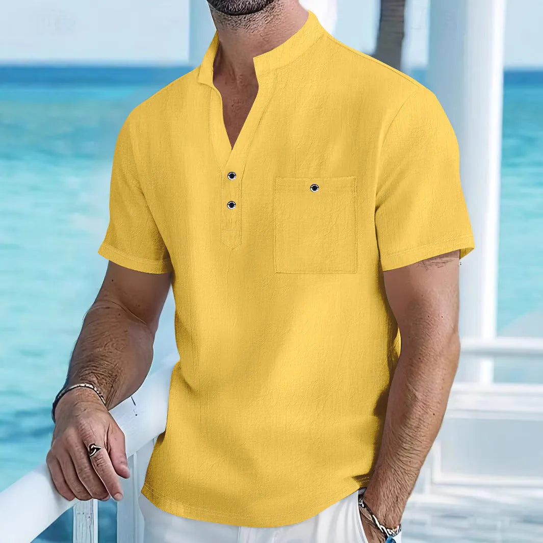 Men's linen stand collar short sleeve shirt in loose fit with solid colour
