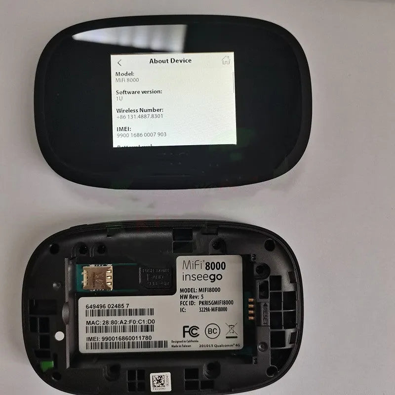 Black mifi8000 4G portable wireless router with battery and cable, showing compact size.