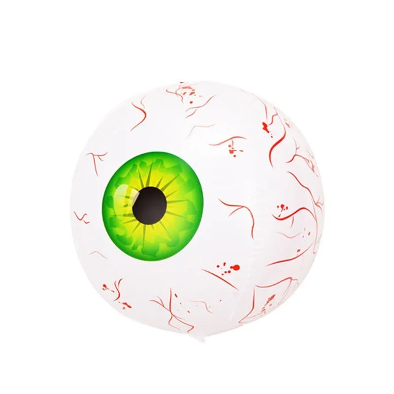 Green Halloween balloon with bloodshot eyeball design, shown inflated to 40 cm diameter
