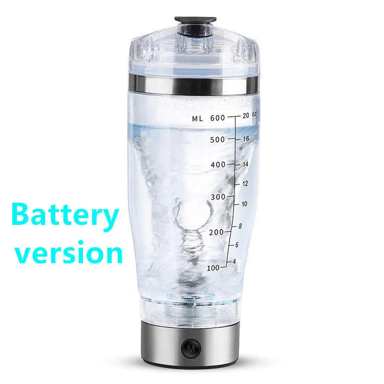 Electric protein shake stirrer with USB rechargeable base, 450ml clear cup, and 304 stainless steel bottleneck ring