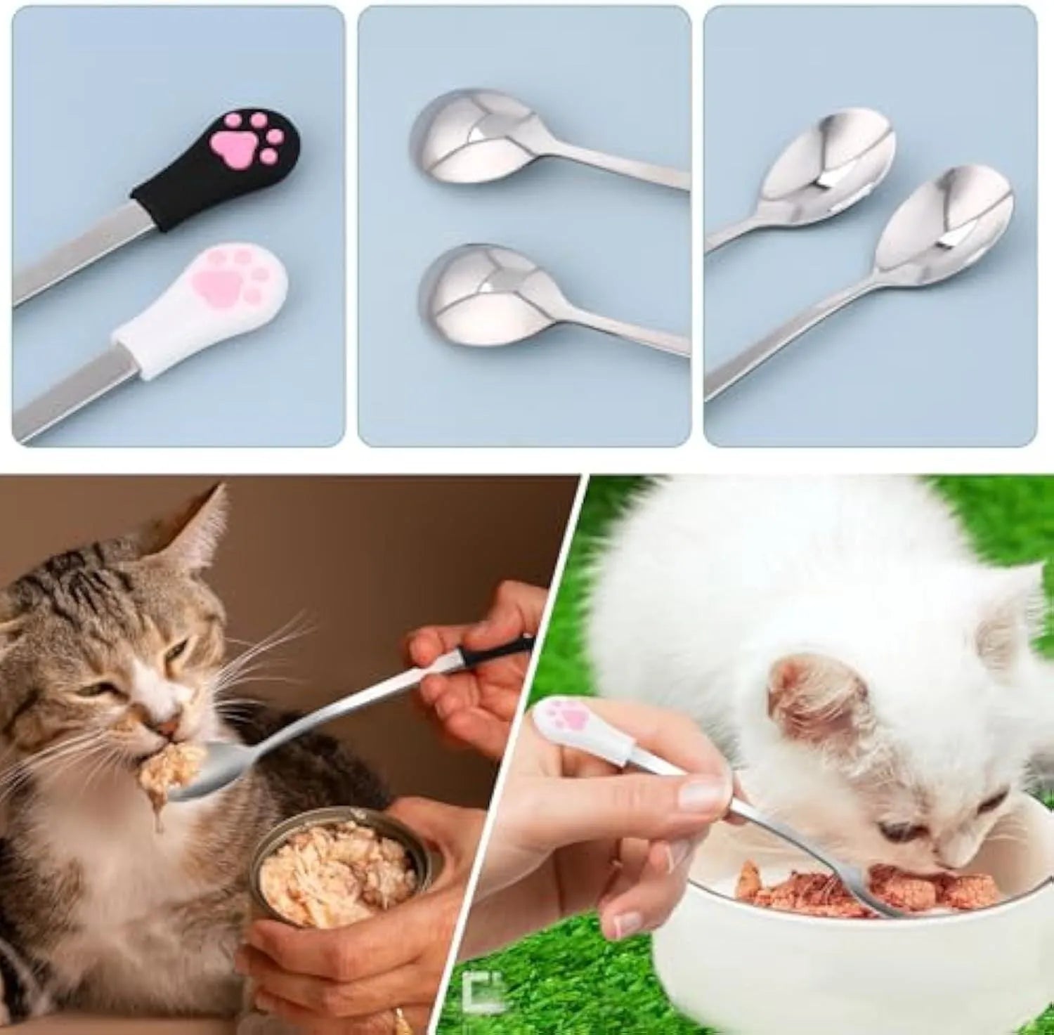 White and black pet food spoons with cat paw designs and silicone handles