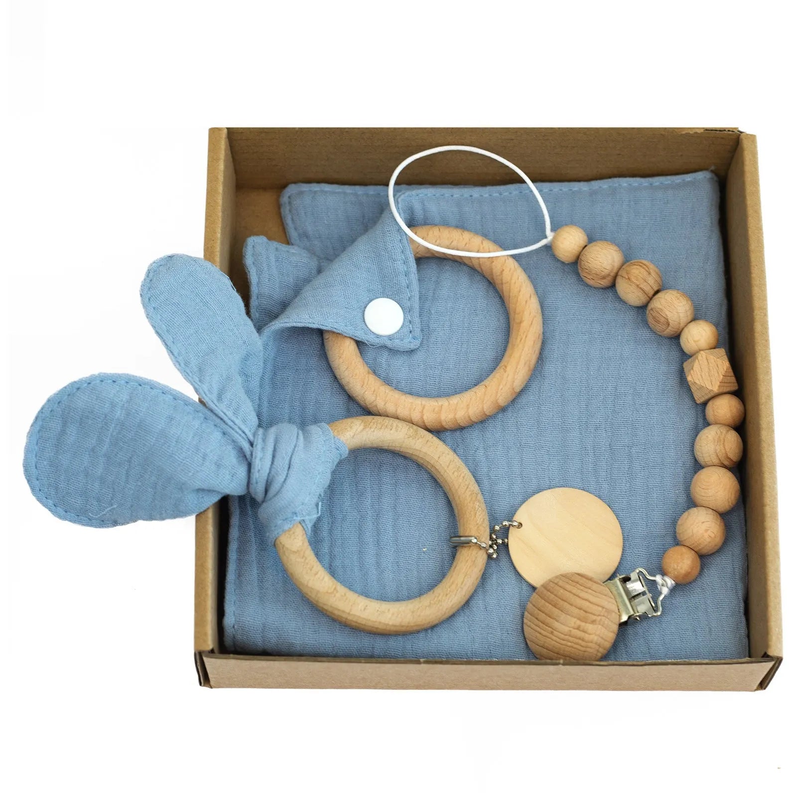 Baby teething toy gift set with bamboo cotton blanket and natural beech wood components
