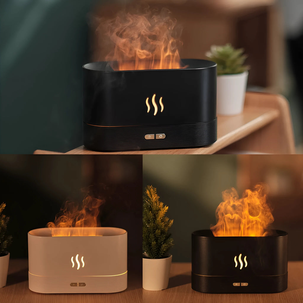 Ultrasonic aroma diffuser with flame light, black, 75x75x137mm, on wooden table with mist