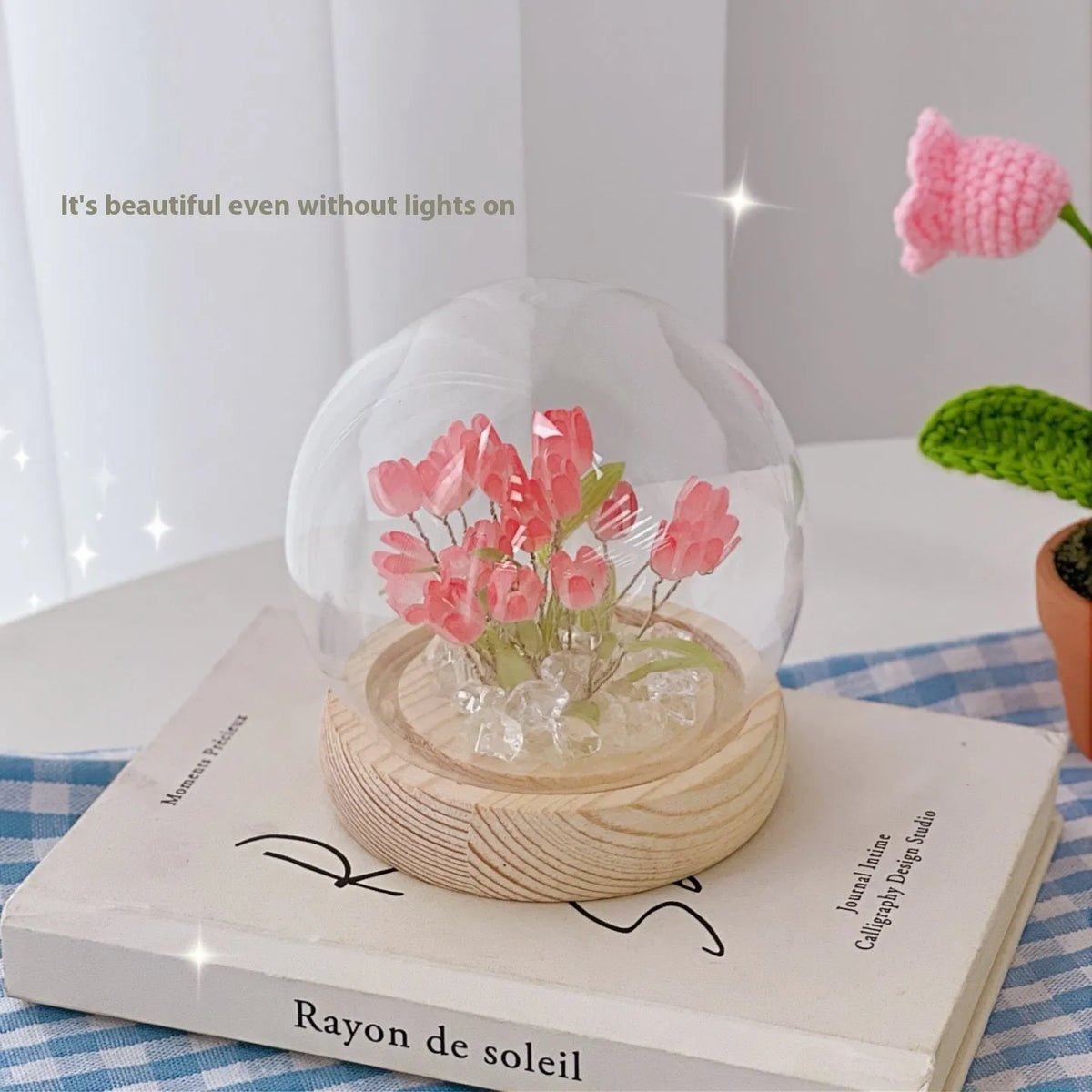 LED tulip artificial flower small night lamp in pink with battery-powered base, cartoon style decorative light