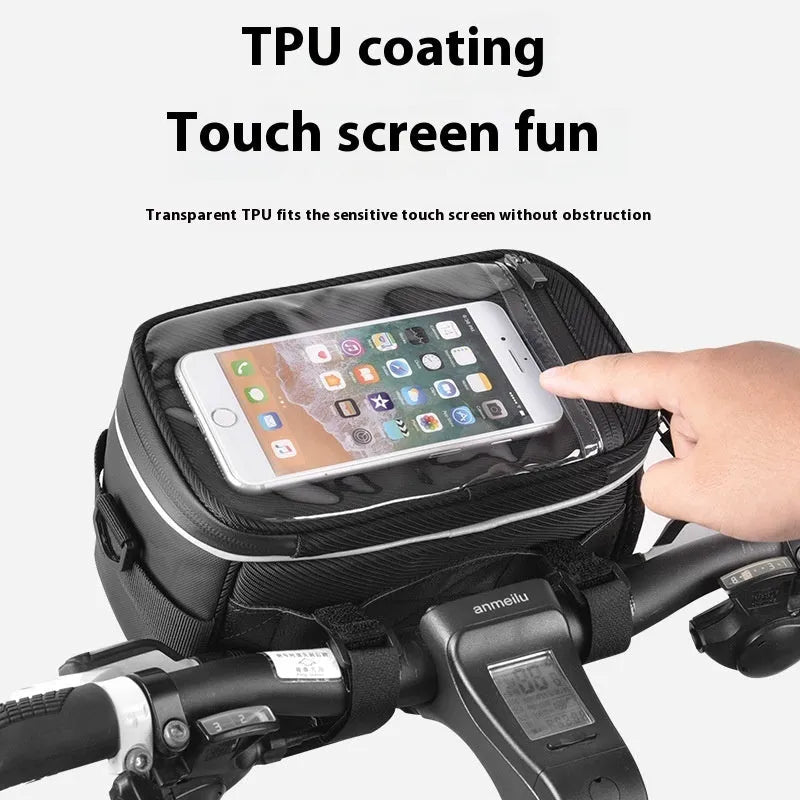Black 7-inch bicycle handlebar storage bag mounted on bike handlebars