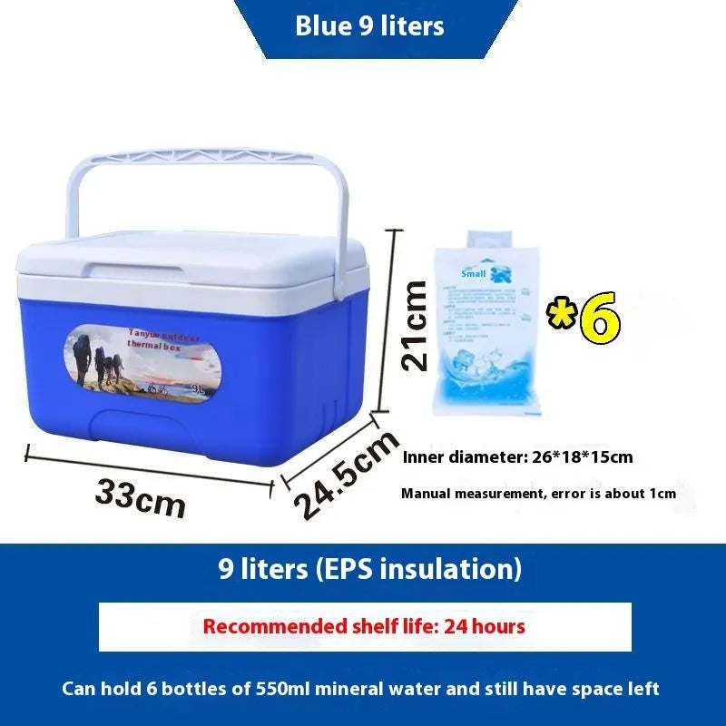 Blue aluminium foil portable insulated cooler box with capacity size options for outdoor use.