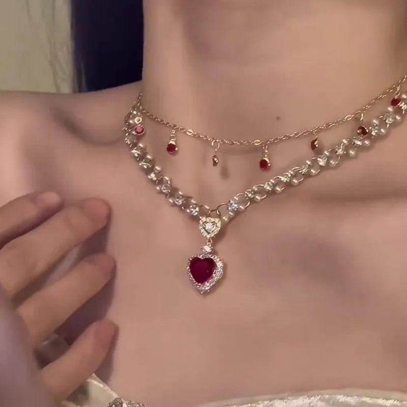 Red love heart pearl pendant on double-layer alloy necklace with adjustable 41-50cm chain
