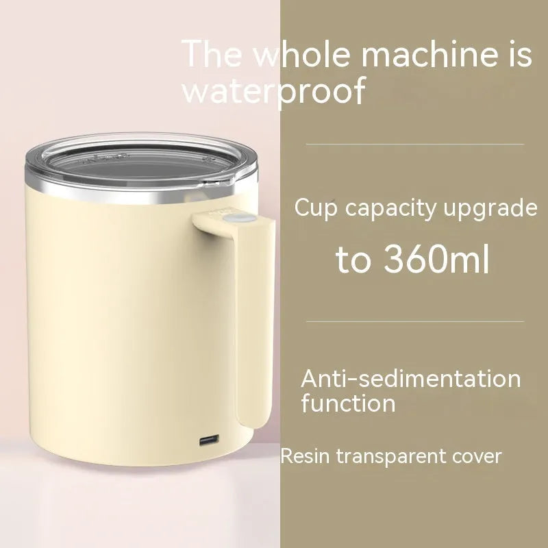 White automatic stirring coffee cup with magnetic base and 360ml capacity