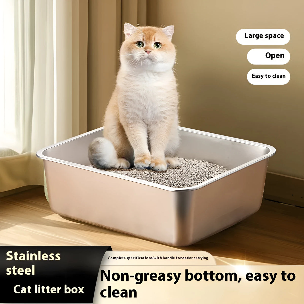 Stainless steel litter box 60x40x20 cm with anti-corrosion finish
