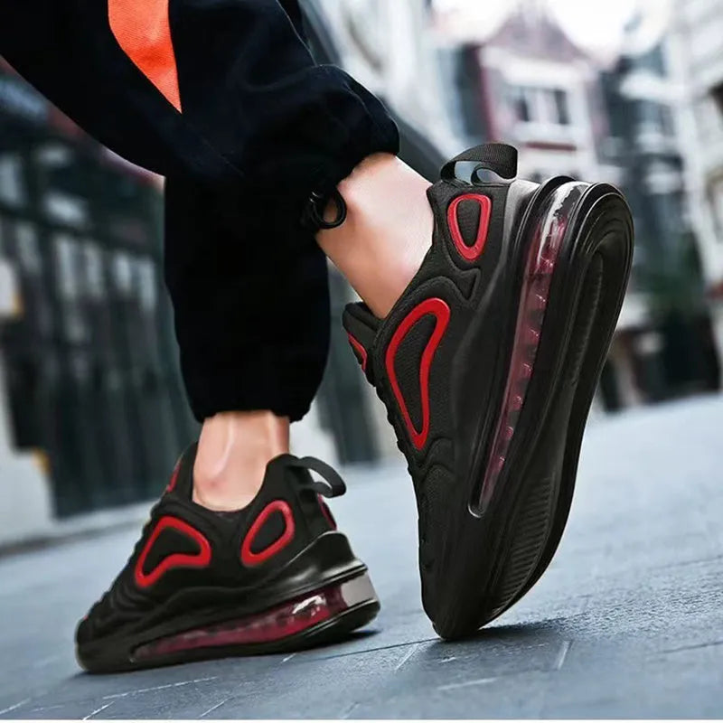 Men's black casual sports shoes with air cushion sole and lace-up design