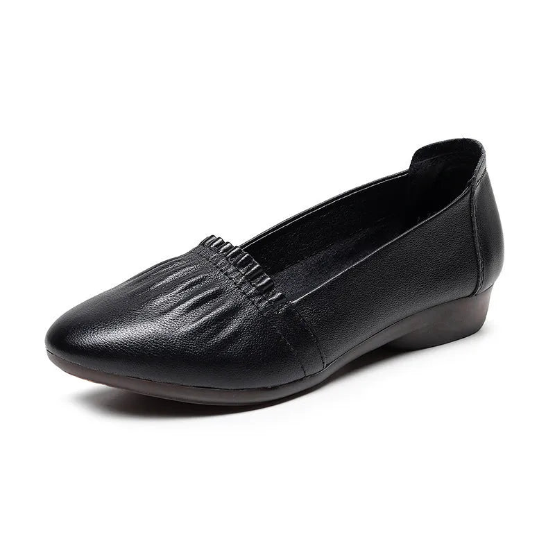 Women's first layer cowhide flat shoes in white – genuine leather loafers with low wedge heel